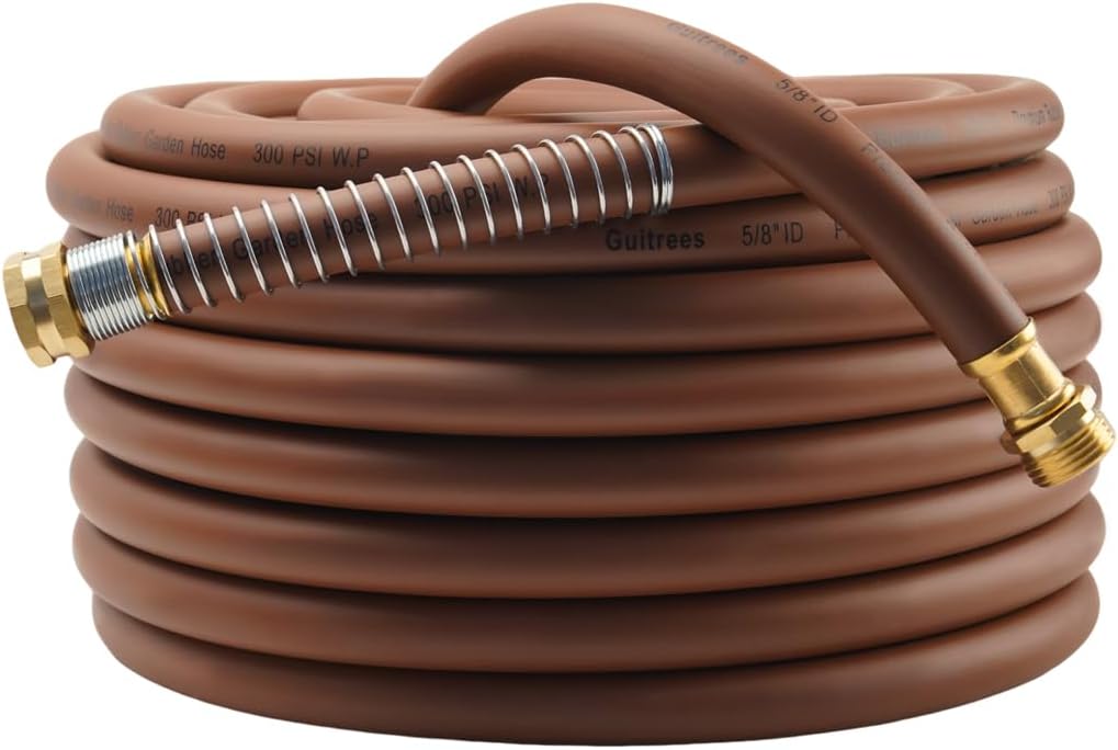 Garden Hose 90FT x 5/8", Heavy Duty Rubber Hose, Water Hose with Five Layered Braiding, Male to Female Fittings, 1000PSI Burst, 300PSI Working (Brown)