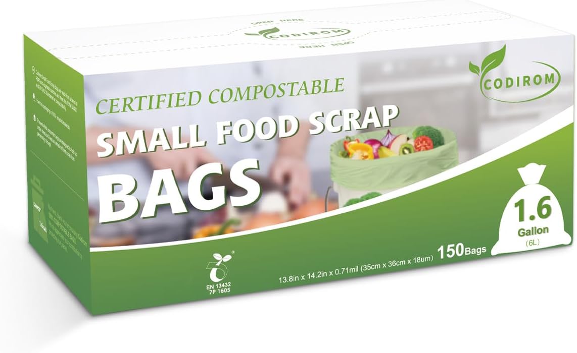 100% Compostable 1.6 Gallon Trash Bags, 6 Liter, 150 Count Kitchen Food Scrap Small Compost Bags for Countertop Bin with Europe EN13432 Certified