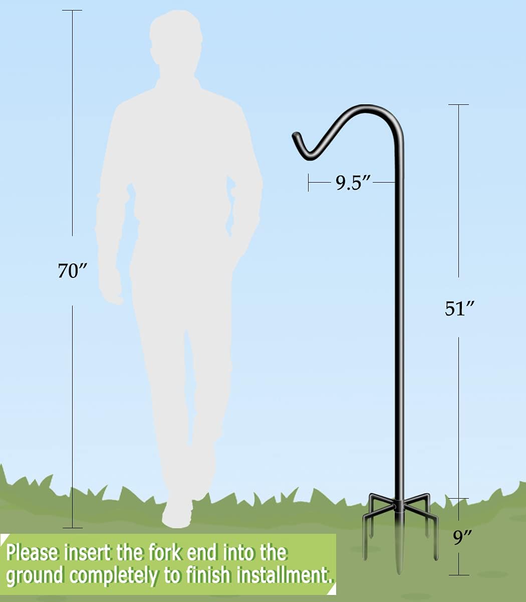 Garbuildman 60 Inch Tall Shepherd Hooks with 5-Forked Base, Adjustable Heavy Duty Bird Feeder Pole Stand Hanger for Outdoor, Shiny Black, 1 Pack