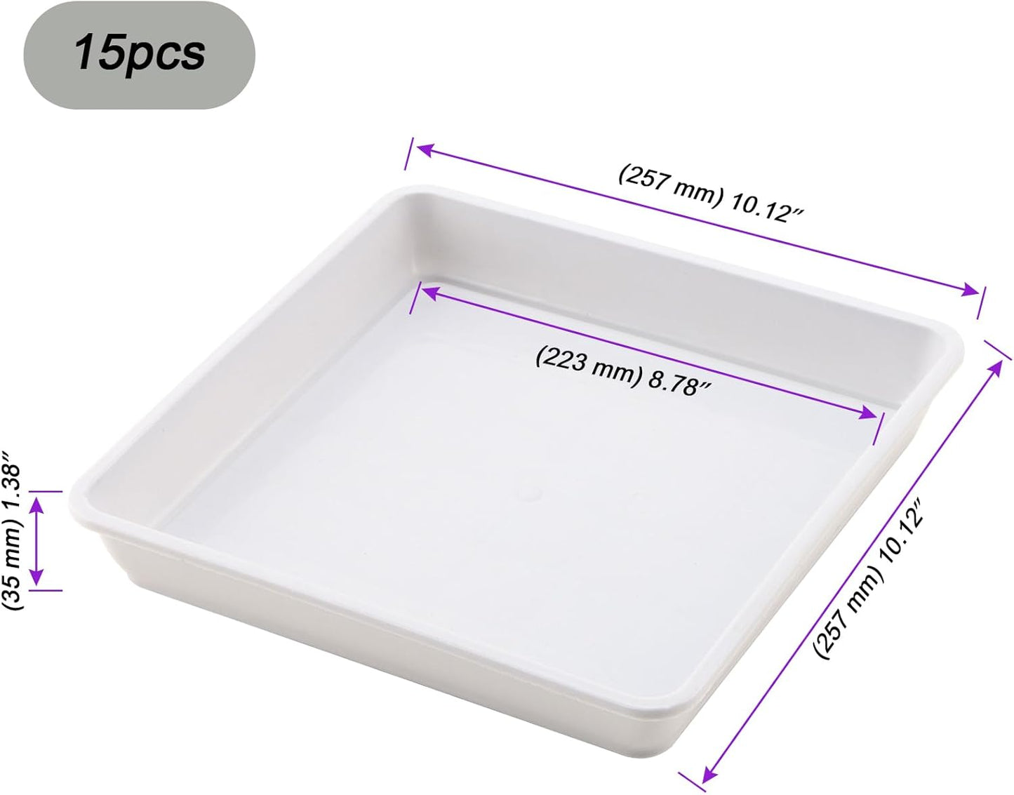 JOIKIT 15 PCS 10 x 10 Inch Square Plant Saucer, Plastic Plant Saucer Drip Tray, Square Flower Pot Tray for Indoors and Outdoor Plant Pots, 1.38 Inch Deep, White