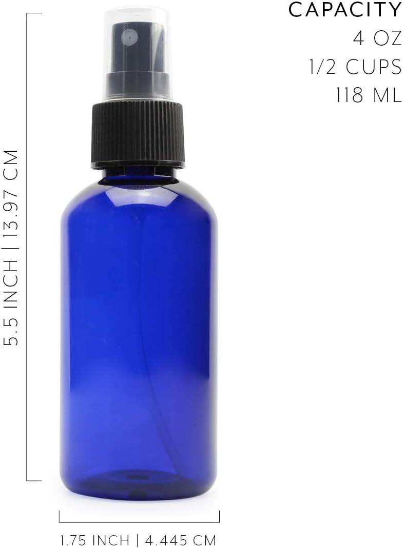 Cornucopia 4oz Blue PLASTIC Fine Mist Spray Bottles (12-Pack); BPA-Free Plastic Spritzer Bottles, Labels Included; PET #1 Plastic Bottles
