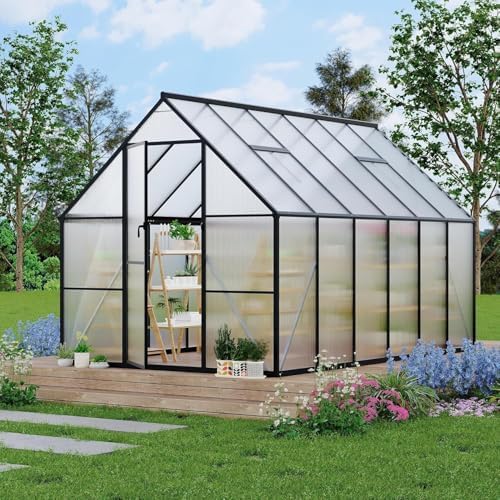 Greenhouse 8x12 FT Aluminum-Framed Heavy Duty Polycarbonate with Quick Setup Structure and Roof Vent, Large Enhanced Outdoors Green House Kit