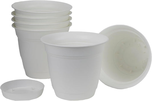 The HC Companies Eclipse Round Planter with Saucer - Outdoor & Indoor Plant Pot with Drainage Holes - Lightweight, UV-Resistant Plastic Pots for Plants, Flowers & Herbs (8" White, Pack of 6)