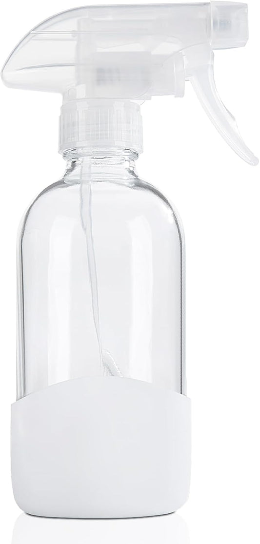 HOMBYS 8 Oz Empty Clear Glass Spray Bottles with Silicone Sleeve Protection Refillable Containers for Cleaning Solutions, Essential Oils, Misting Plants - Quality Sprayer - 1 Pack Boston Bottles