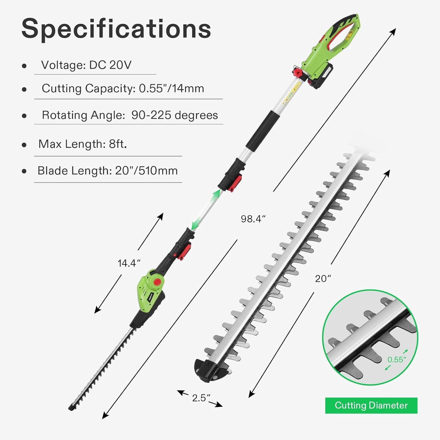 VIVOSUN 20" Cordless Pole Hedge Trimmer, 20V Electric Bush Trimmer with 20” Dual-Action Laser Blade, Adjustable Cutting Head, 0.55" Cutting Capacity, 2.0AH Battery and Fast Charger Included
