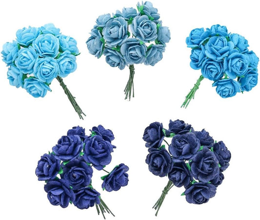 Handmade Mini Mulberry Paper Roses 18 mm Mulberry Paper Flowers Scrapbooking Wedding DIY Craft 50 pcs (Blue Tone)