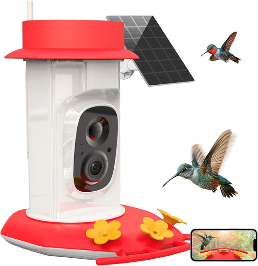 Hummingbird Feeder with Camera, AI Smart Identification Cloud Storage Function, Featuring Ant Moat Protection, Solar Power, Instant Notification, Automatic Bird Video Capture, and Motion Detection