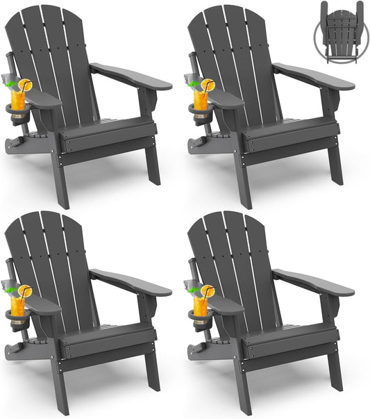 GREENVINES Folding-Adirondack-Chairs-Set-of-4 | HDPE Plastic | Fire Pit Chair | All Weather | Cup Holder | Grey | for Deck Backyard Patio Outdoor Garden