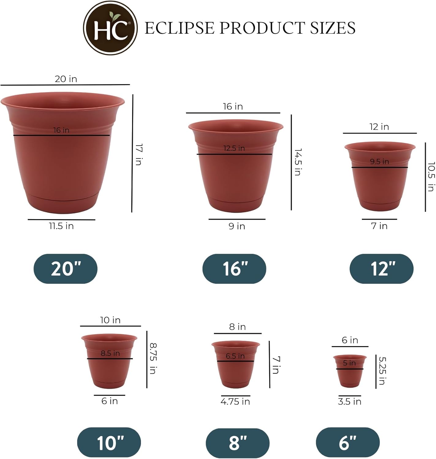 The HC Companies Eclipse Round Planter with Saucer - Outdoor & Indoor Plant Pot with Drainage Holes - Lightweight, UV-Resistant Plastic Pots for Plants, Flowers & Herbs (12" Clay, Pack of 1)