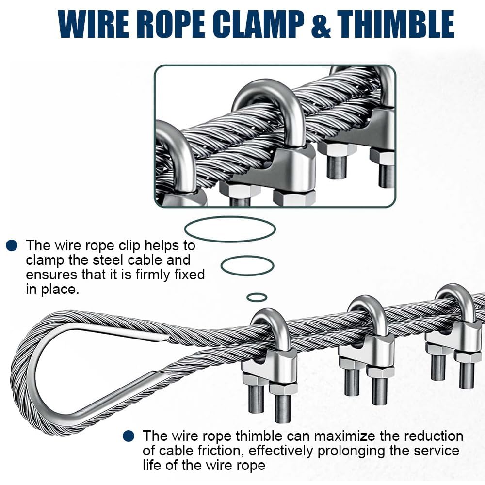 1/4" Wire Rope Kit, 100ft Stainless Steel Cable with 2Pcs 1/4 Turnbuckle, Clamp & Thimble, 7x19 Strands Heavy Duty Metal Cable,1400 lbs Load Limit, Turnbuckles for Cables Wire, Zipline