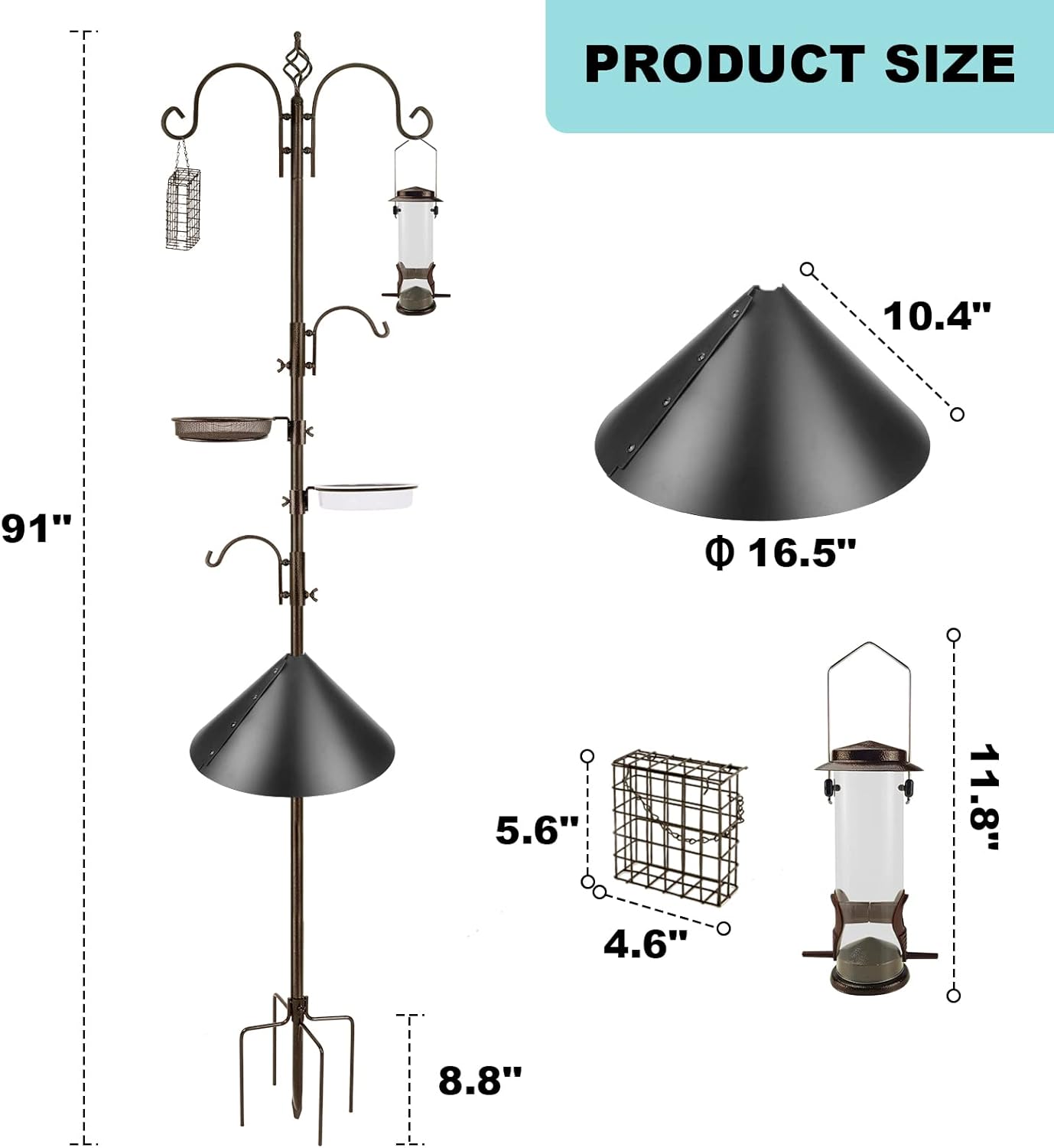 Bird Feeding Station Kit with Squirrel Baffle and Suet Cage Wild Bird Feeder Kit with Mesh Tray, Fruit Hook, and Double W Hook for Attracting Wild Birds