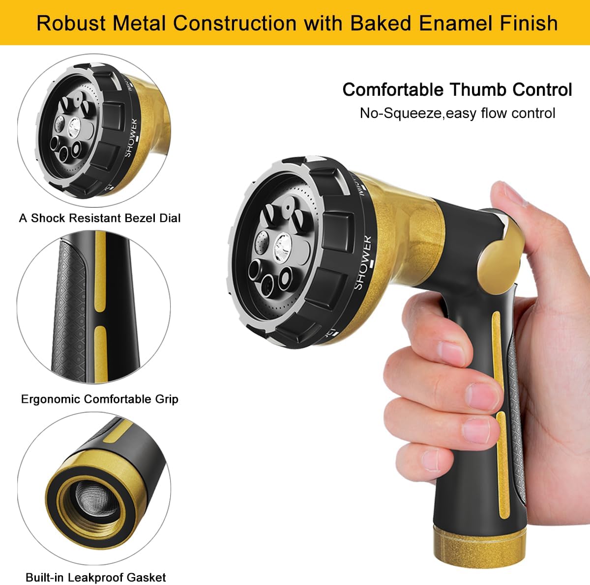 FANHAO Garden Hose Nozzle Heavy Duty, 100% Metal Water Hose Sprayer with 8 Spray Patterns, High Pressure Spray Nozzle Thumb Control On Off Valve for Outdoor Lawn & Plant Watering, Car & Pet Washing