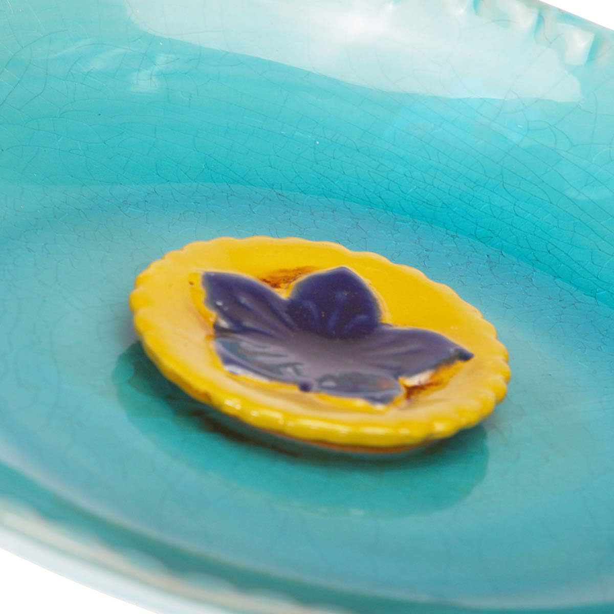 Topadorn Birdbath Ceramic Bowl Decor for Bee Bird Bath Outdoor Garden Vintage Yard,Blue with Yellow Flower