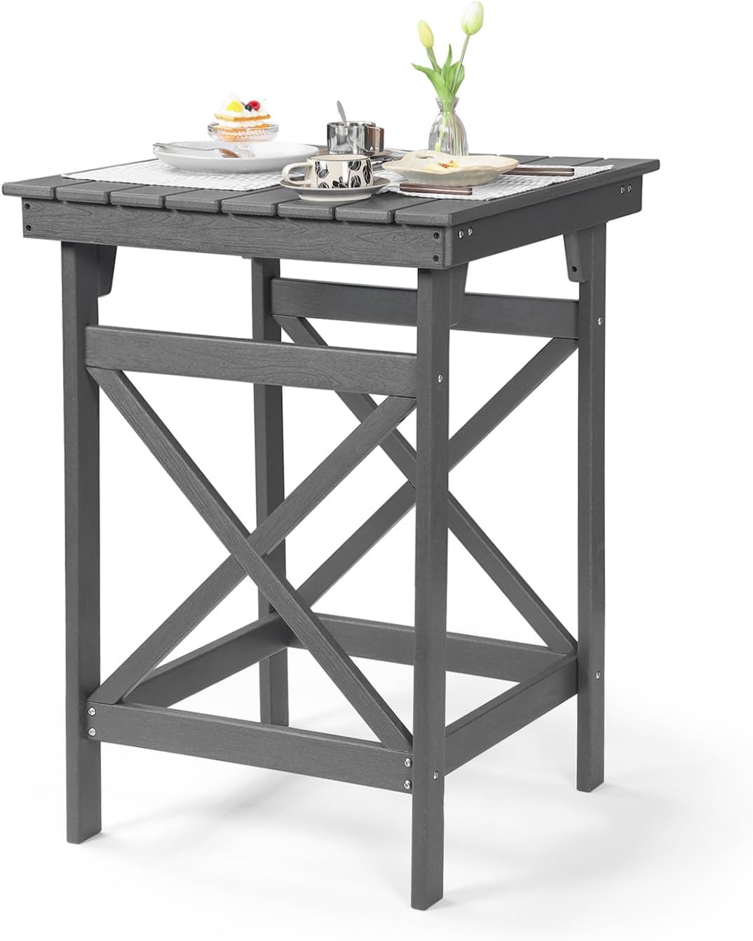 HDPE Outdoor Bar Table, 41" Adirondack Outdoor Bar Height Table, All Weather HDPE Patio High Top Pub Table, Square HDPE Patio Bar Tables for Balcony, Deck, Backyard, Poolside, Smoke Gray