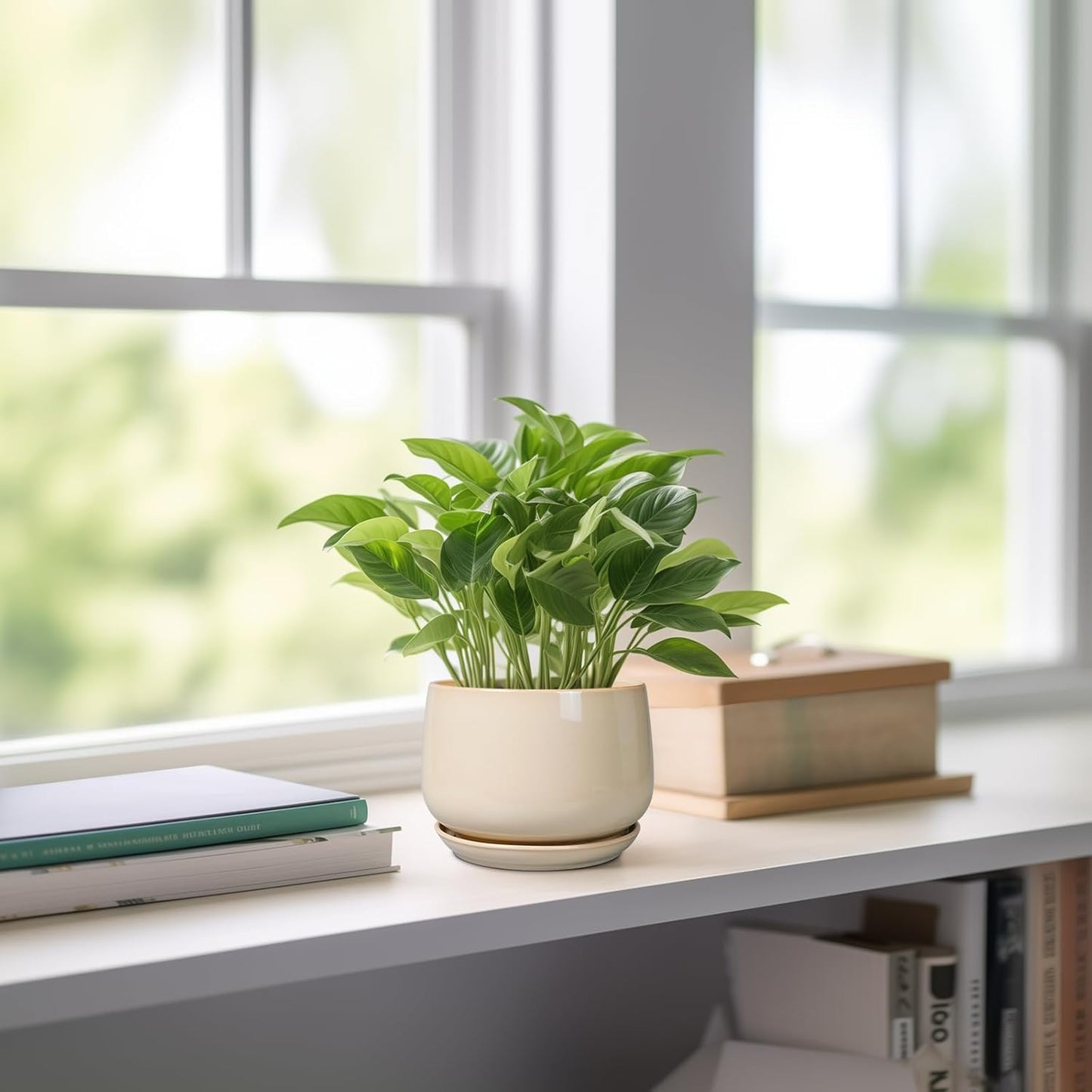 G EPGardening 4 inch Plant Pots - Ceramic Planter with Drainage Hole & Saucer, Small Plant Pots for Indoor Outdoor, Round Succulent Pot, Modern Decorative Flower Pot, Desk Decor, Garden Gifts, Beige