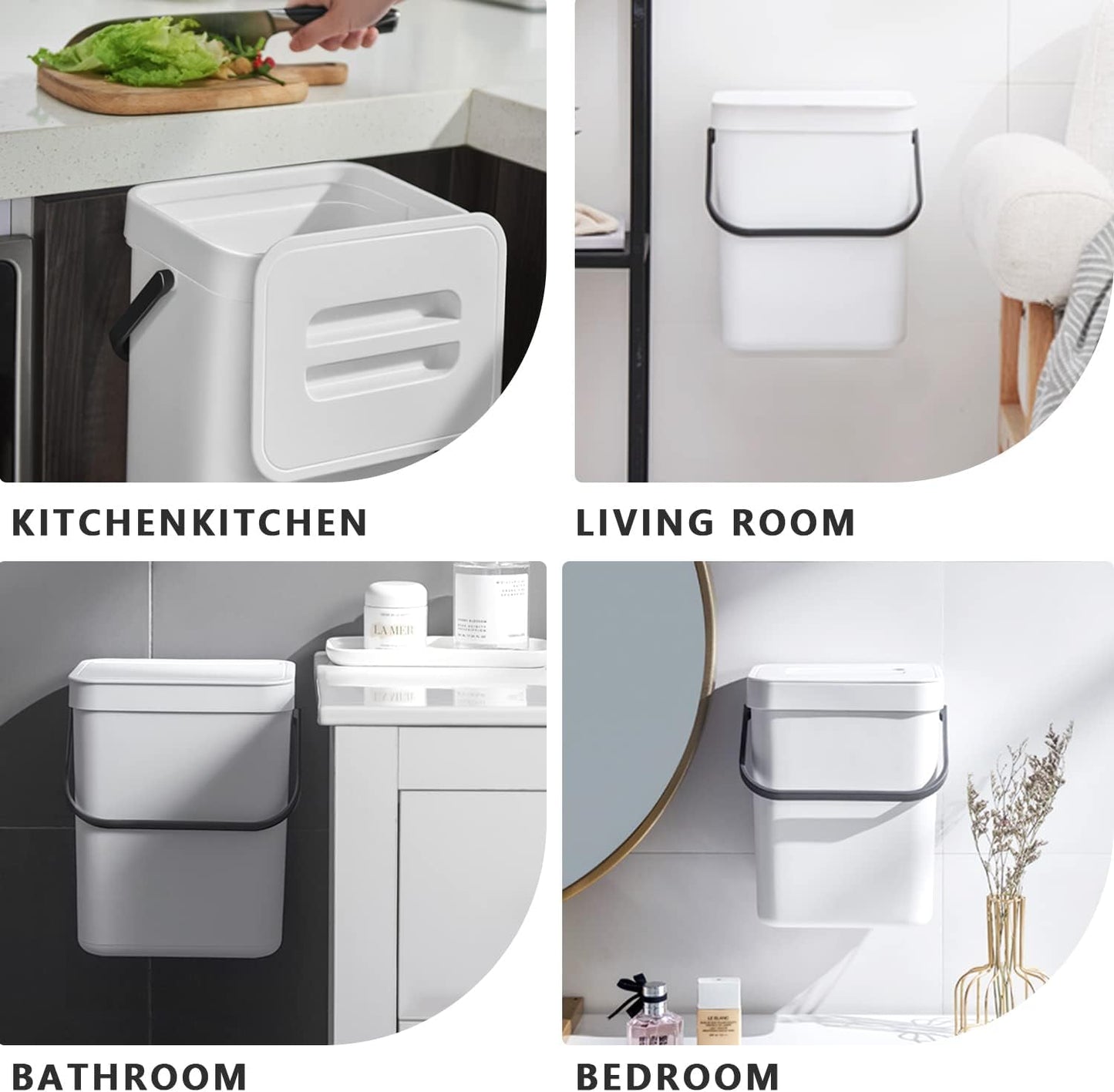 Kitchen Compost Bin Indoor for Counter Top,Hanging Small Trash Can with Lid,Food Waste Bin,Mountable Compost Busket 1.3 Gal/5 L Series,White