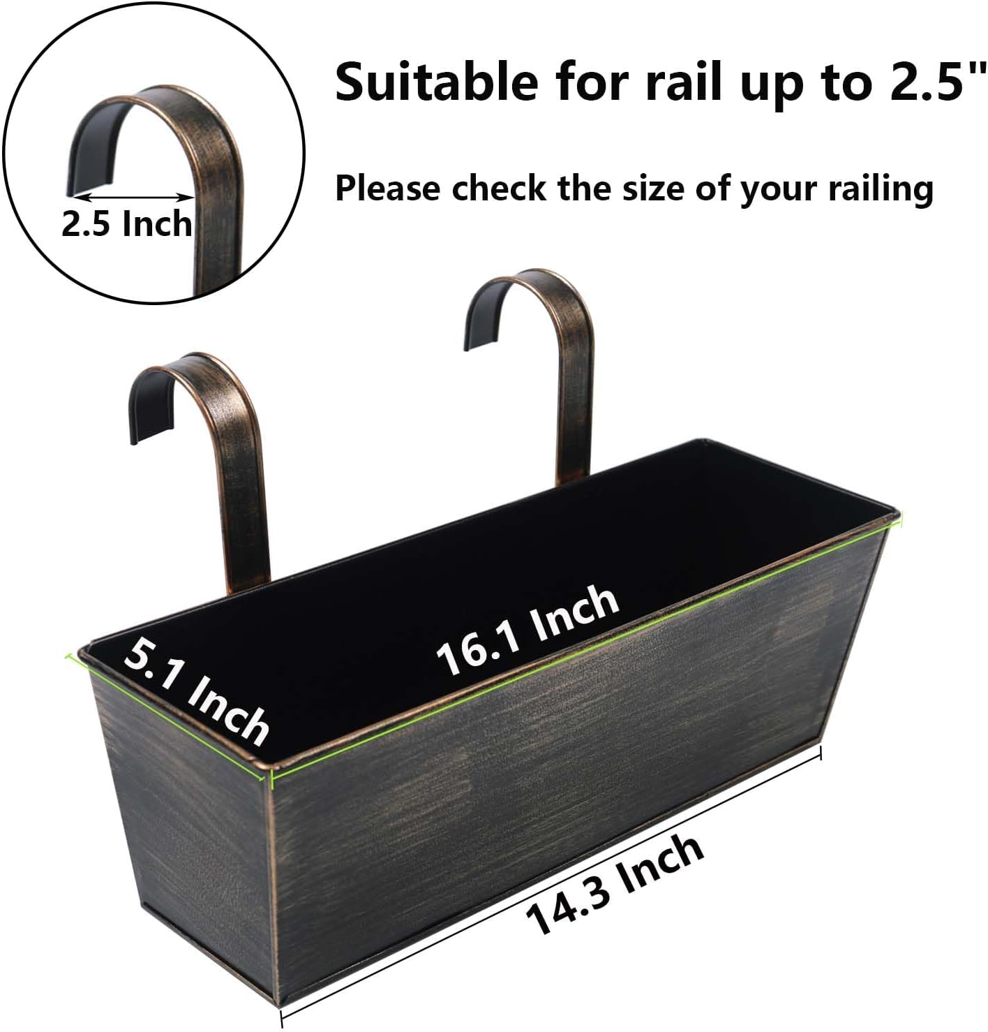 Hanging Planters for Outdoor Plants 16 Inch Railing Planter Box for Balcony Deck Window Metal Rectangular Fence Flower Pots with Drainage Holes for Patio Porch Outside Garden Decor(3 Pack)