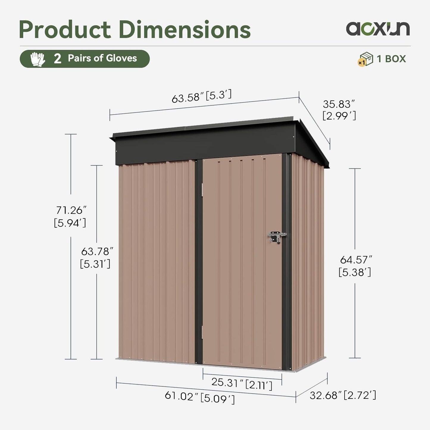 Aoxun 5x3 FT Shed Outdoor Waterproof Storage Shed Metal Garden Shed with Lockable Doors & Slooping Roof for Backyard, Patio, Poolside (Brown)