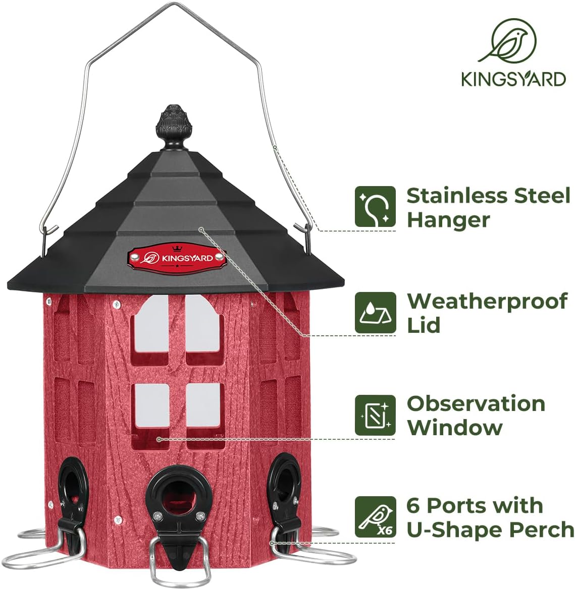 Kingsyard Wild Bird Feeder for Outdoor Hanging, Recycled Plastic Bird Feeders with 6 Ports & U-Shape Perch, Garden Yard Outside Decoration, 3.5 lbs Seed Capacity, Red