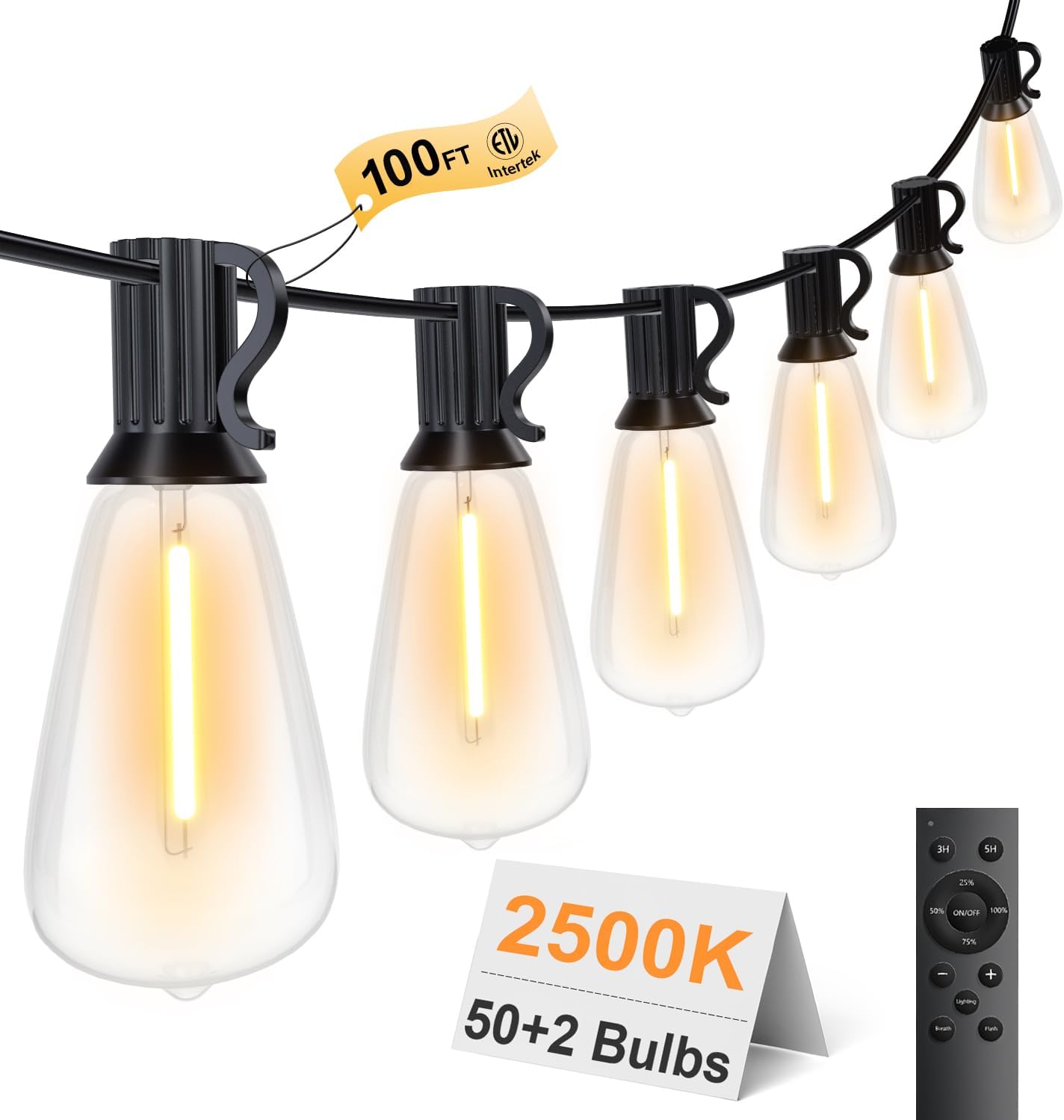 100FT Remote Outdoor String Lights for Outside, 50+2 LED Waterproof Shatterproof Edison Dimmable Timer Bulbs, 2500K Warm White Patio Lights for Garden Backyard Yard Hanging Lighting