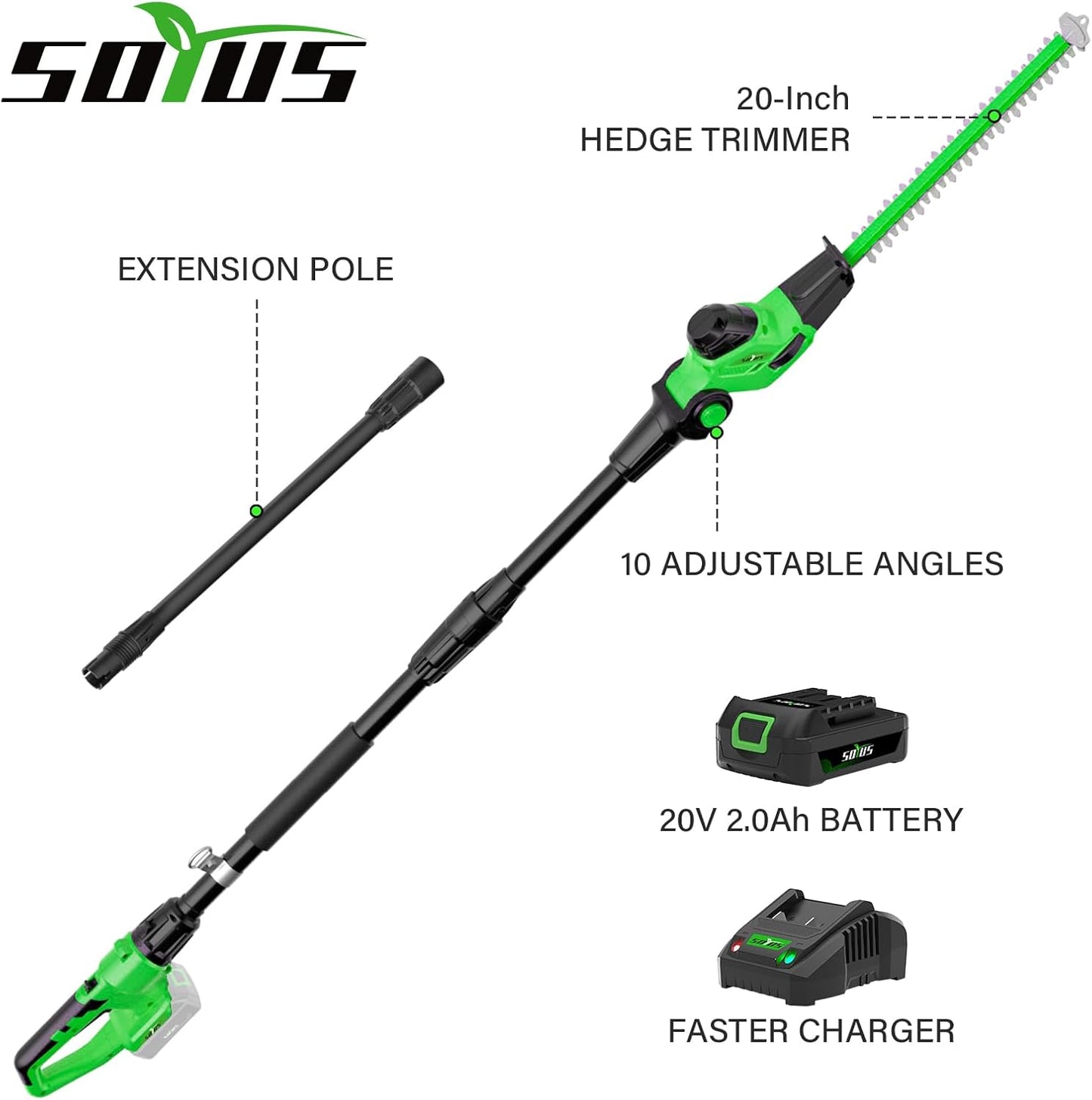 SOYUS Pole Hedge Trimmer Cordless, 18-inch Electric Hedge Trimmer with Extension Pole, 15-Foot Max Reach, Multi-Angle, 2.0Ah Battery and Charger Included
