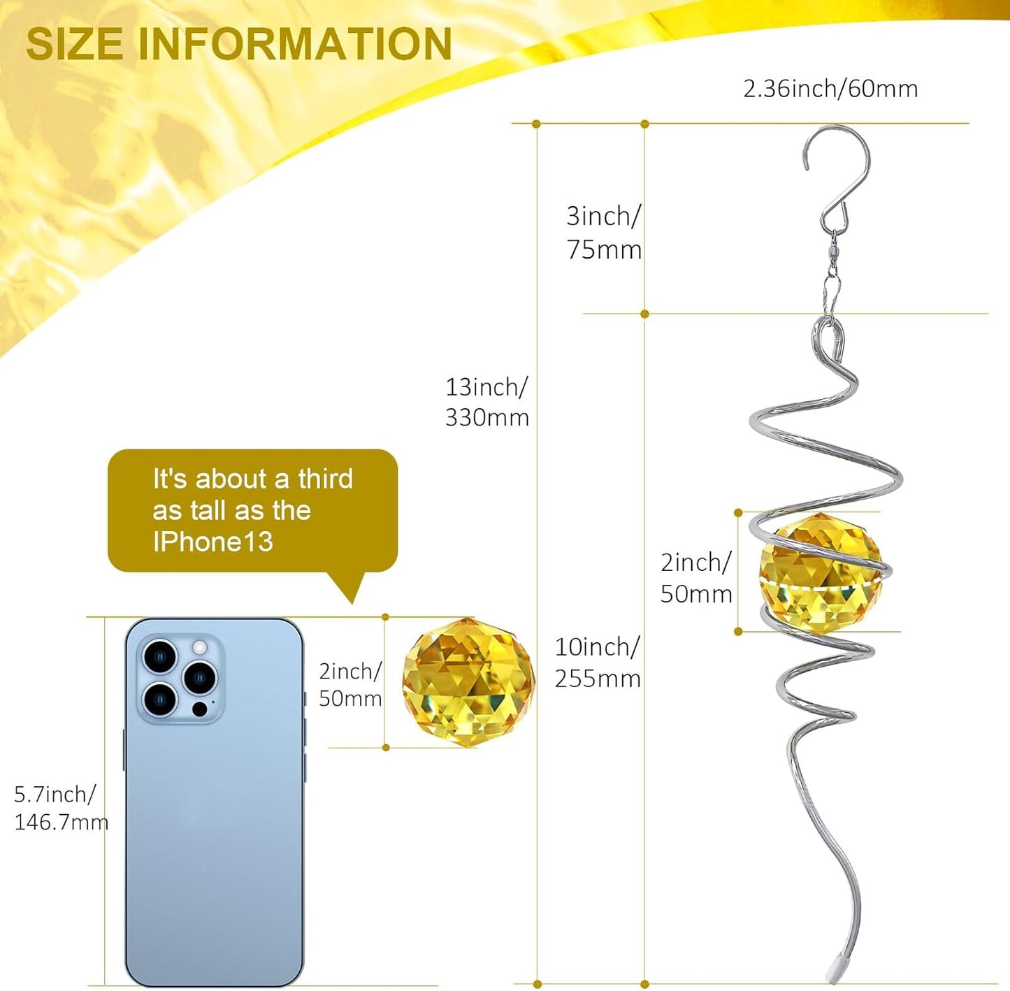 Gazing Ball Spiral Wind Spinner Tail - Golden Crystal Glass Ball | Wind Spinners Stabilizer with S Hook | Hanging Rotating Art for Garden Patio Indoor/Outdoor Creative Ornament & Gift, 13in