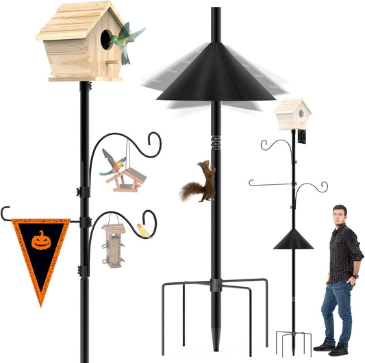 Bird Feeder Pole 118 Inch, Hummingbird House Mount Kit With Squirrel Proof Baffle, Double Shepherds Hooks for Outdoor, Yard, Garden Decor, Black (House Not Included)