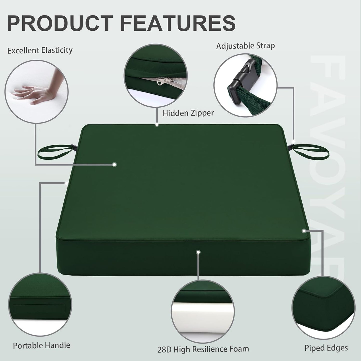 Favoyard Patio Chair Cushions 19 x 19 x 3 Inch Waterproof Outdoor Seat Cushions for Patio Furniture 3-Year Color Fastness Garden Sofa Couch Chair Pads with Handle & Adjustable Straps Set of 2, Green