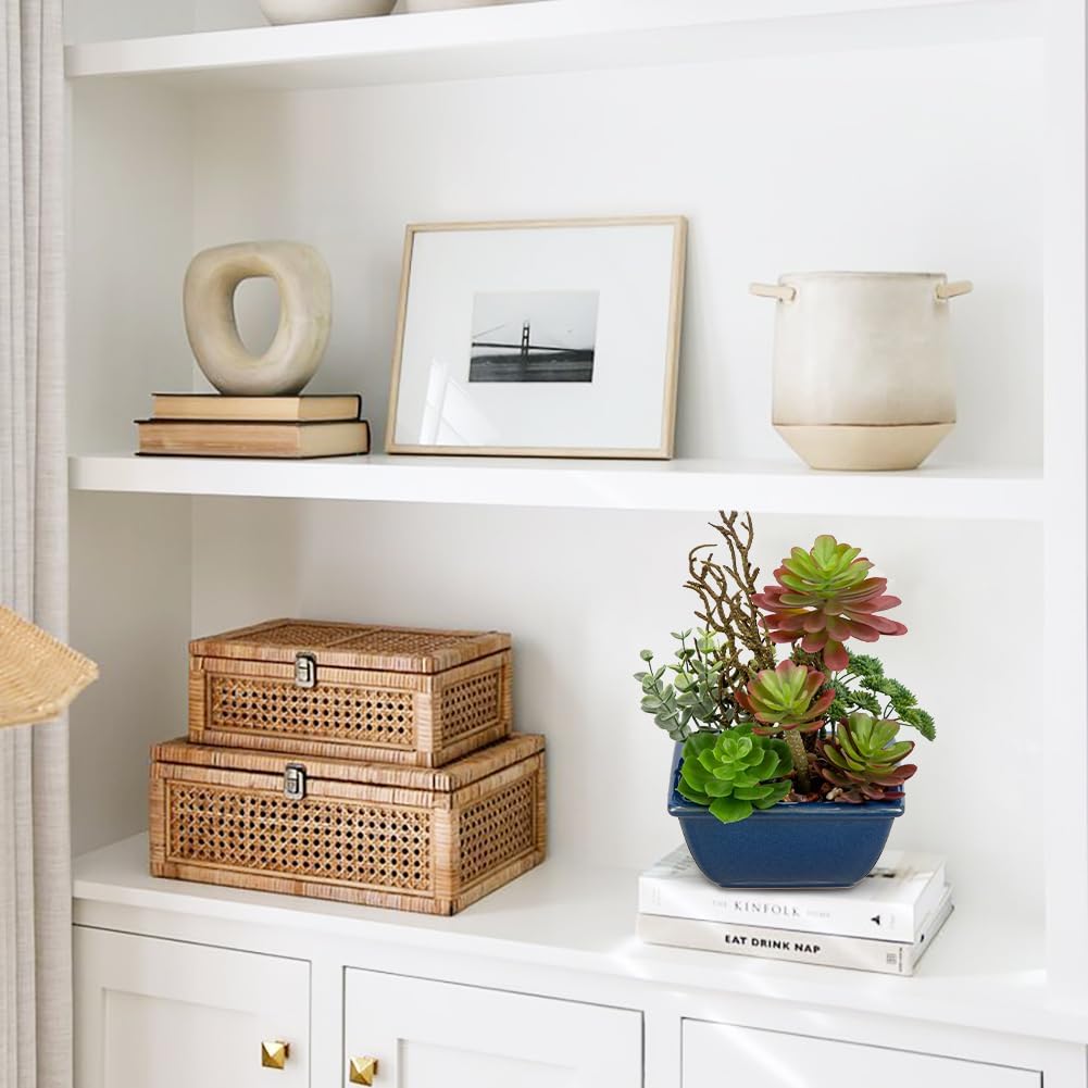 Small Faux Plant Assorted Fake Succulents Plants with Glazed Ceramic Pot Faux Succulents Arrangement Cement Potted Desk Plants Small Fake Plants for Home Table Office Bathroom Shelf Living Room Decor