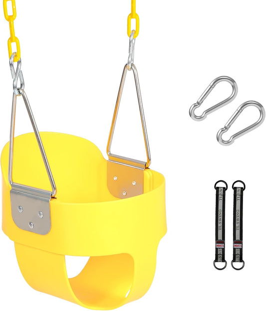 Heavy-Duty Toddler Swing with Coated Safety Chains-High Back Bucket Seat Includes Tree Straps,Hooks for Backyard, Playground,Outdoor Use (Yellow)