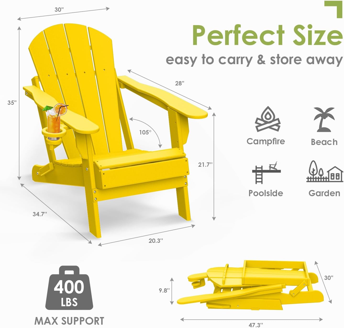 GREENVINES Folding-Adirondack-Chair | HDPE Plastic | Fire Pit Chairs | All Weather | Cup Holder | Yellow | for Deck Backyard Patio Outdoor Garden