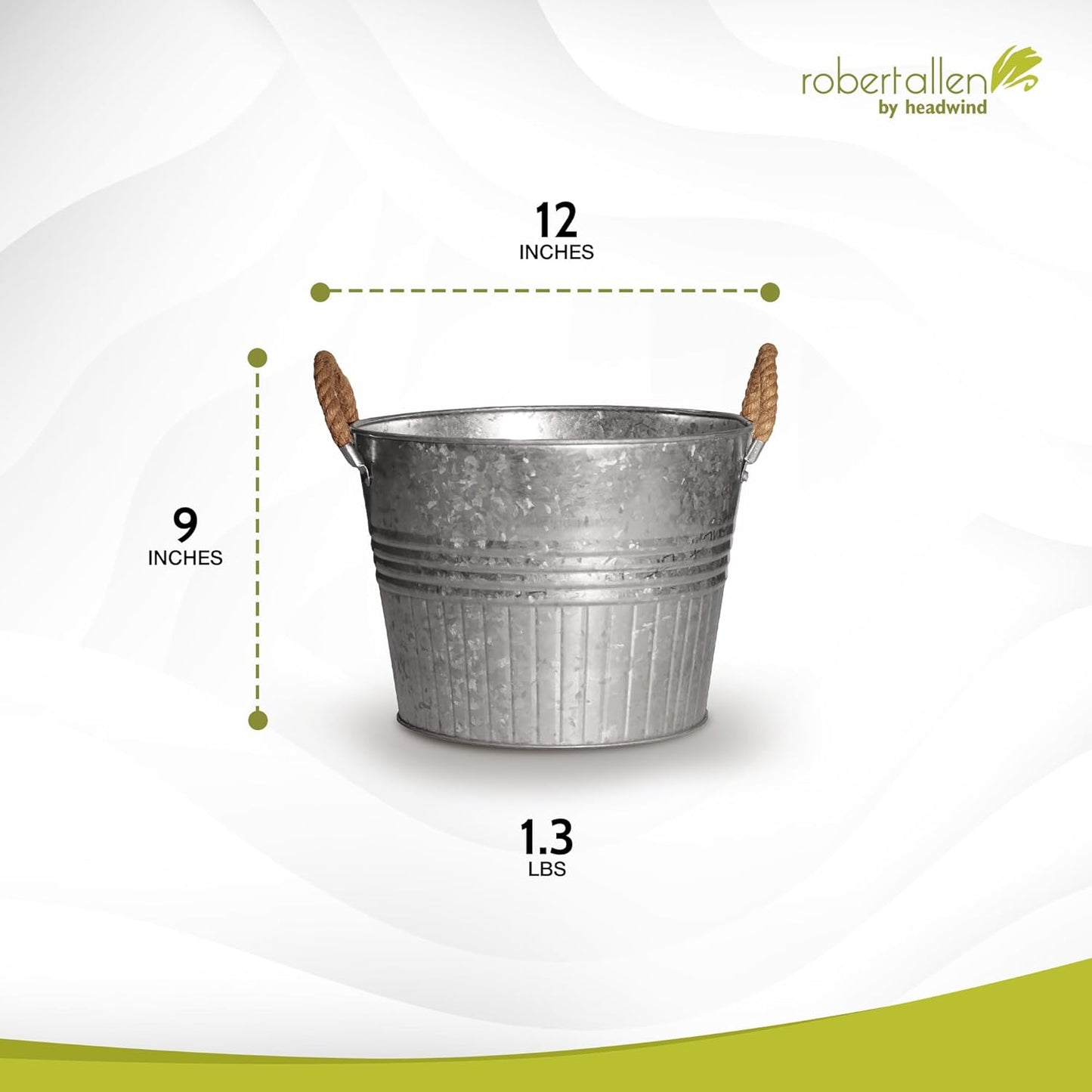 Headwind Round Galvanized Bucket w/Rope Handles – 12 Inch Metal Tub Bucket Planter for Outdoor Plants with Drainage Hole – Galvanized Large Outdoor Planters Buckets by Robert Allen