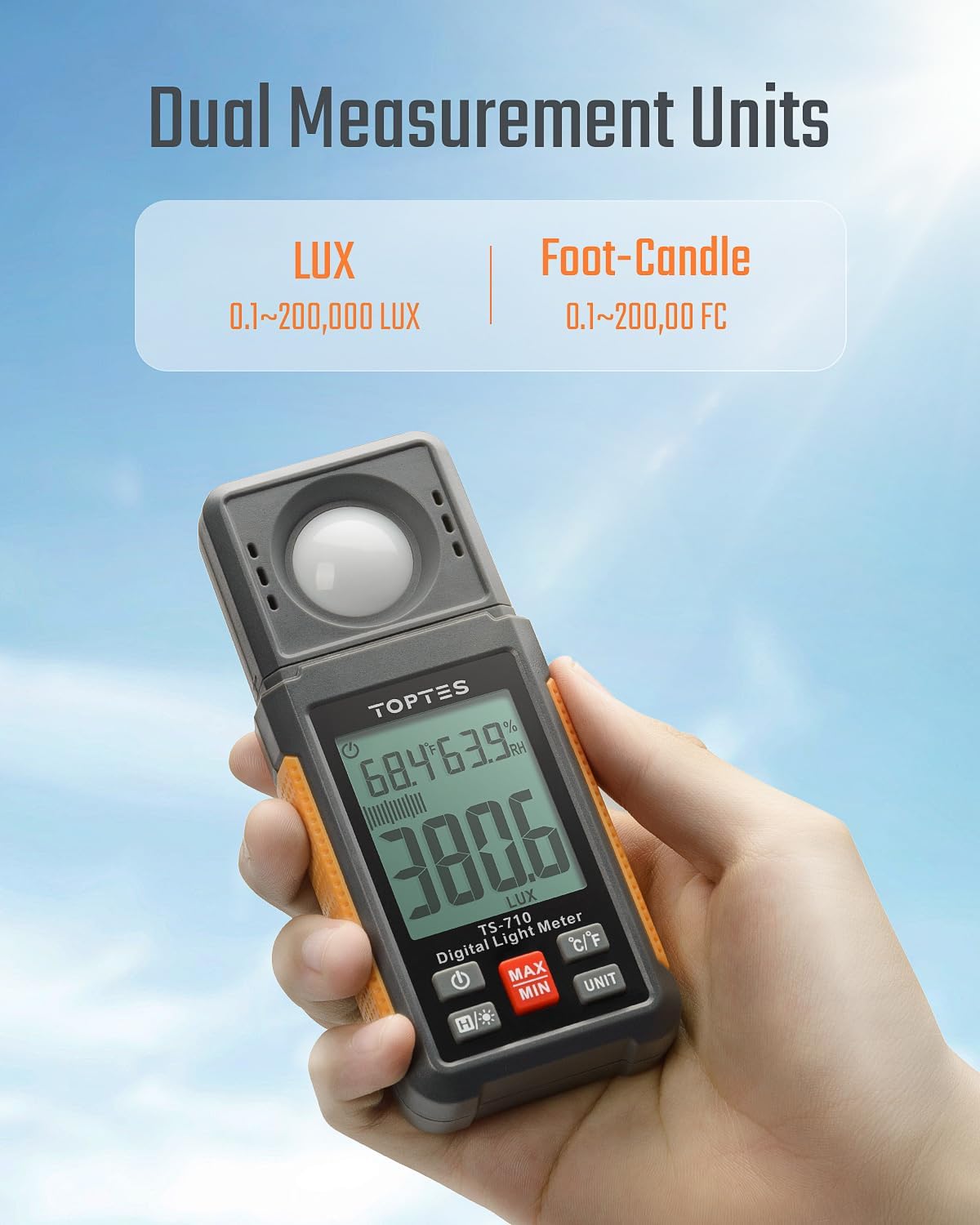 TS-710 Light Meter, Lux/Foot Candles Meter with 180º Rotating Sensor, 0.1~200,000 Lux Range, Large Backlit Display, Light Meter for Plants, Car Headlights, Home & Office LEDs (Includes Battery)