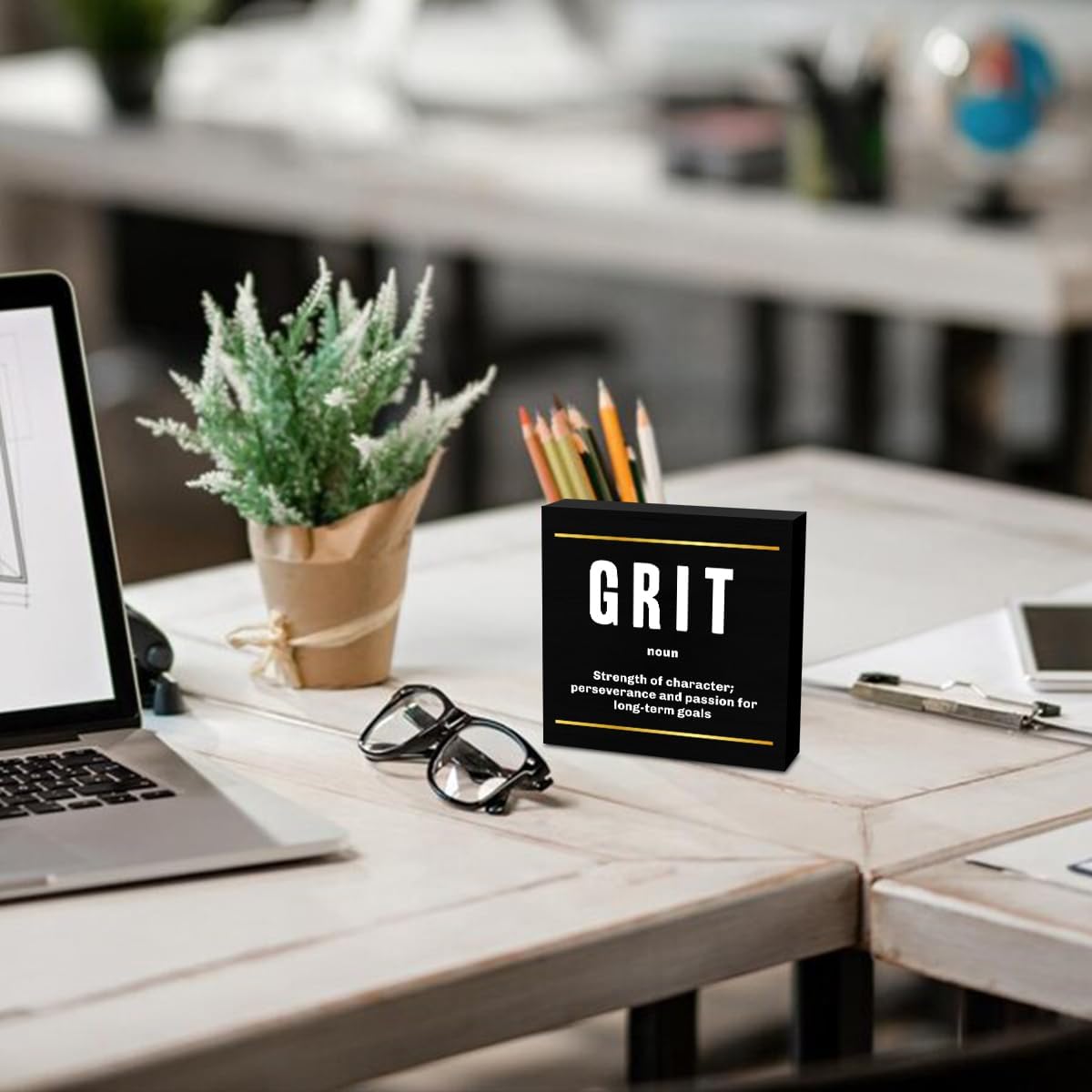 Grit Noun Entrepreneur Black Wooden Box Sign, Inspirational Office Decor Decorative Table Shelf Desk Decor, Rustic Workplace Farmhouse Home Bedroom Classroom Office Decorations Desk Accessories