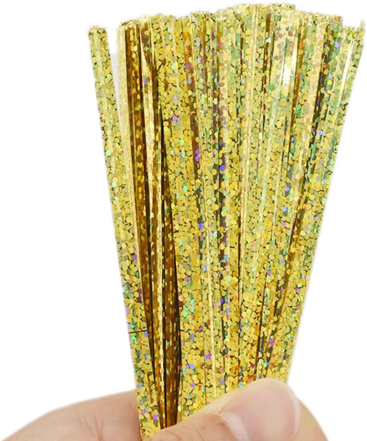 HAHIYO 300Pcs 4inches Holographic Gold Metal Twist Ties Bread Candy Coffee Bag Ties Plant Garden Twist Ties for Cellophane Treat Bags Gift Wraping Bags Plastic Bags Party Cake Present Art Crafts