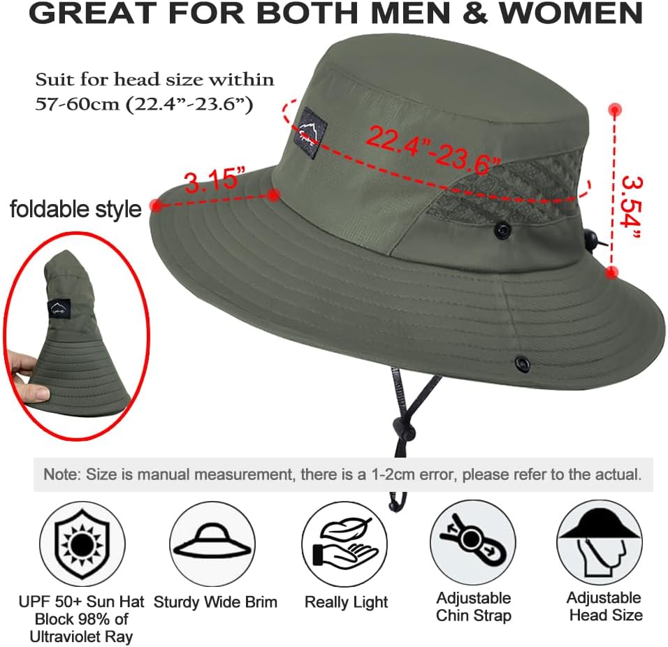 Fishing Hat, UPF50+ Wide Brim Sun Hat for Men Women, UV Protection Hiking Beach Bucket Hats Summer Safari Hat