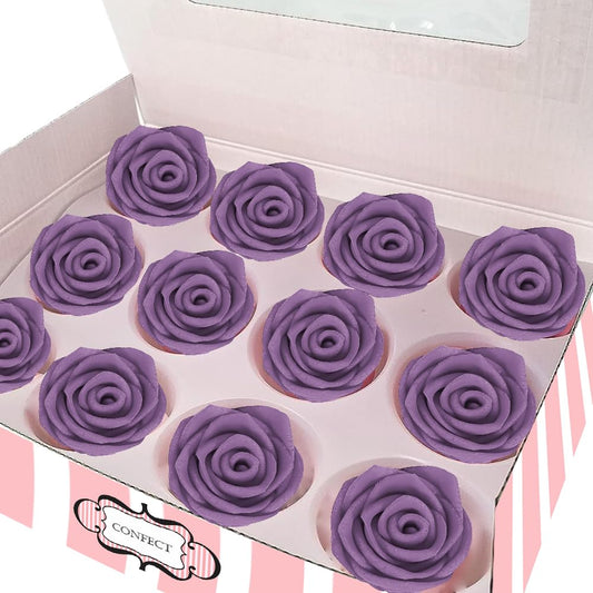 Confect Edible Rose Topper -Edible True Purple Rose Toppers for Cake & Cupcake - Edible Roses for Desserts- Vegan, Gluten-Free, Nut-Free, Dairy-Free, Palm Oil-Free - Pack of 12