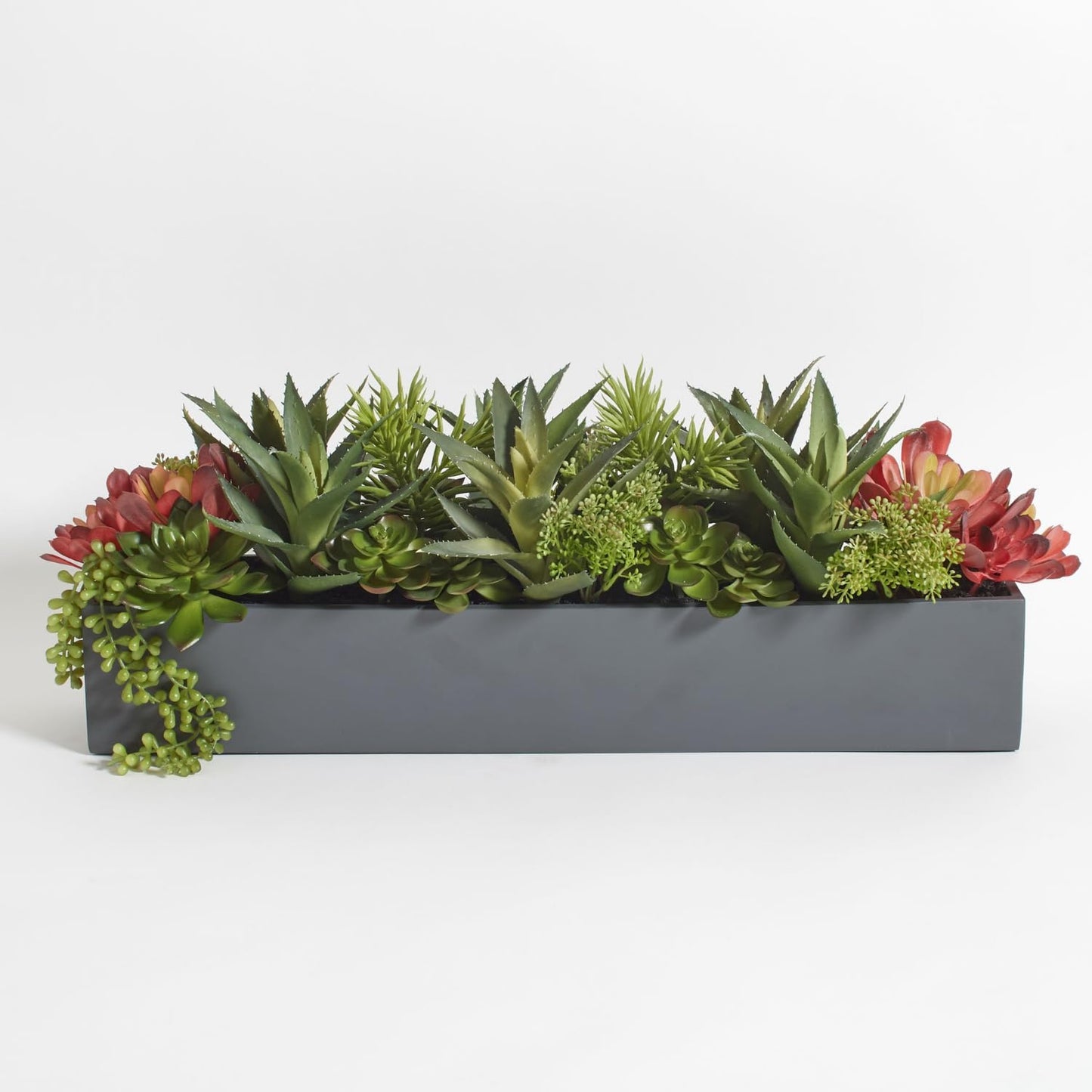 Oblong Faux Succulent Arrangement, Premium Artificial Indoor Plant Enhances Interior Design, Display on any Surface in Your Home Adding an Inviting Touch of Nature, Grey Planter Pot Included