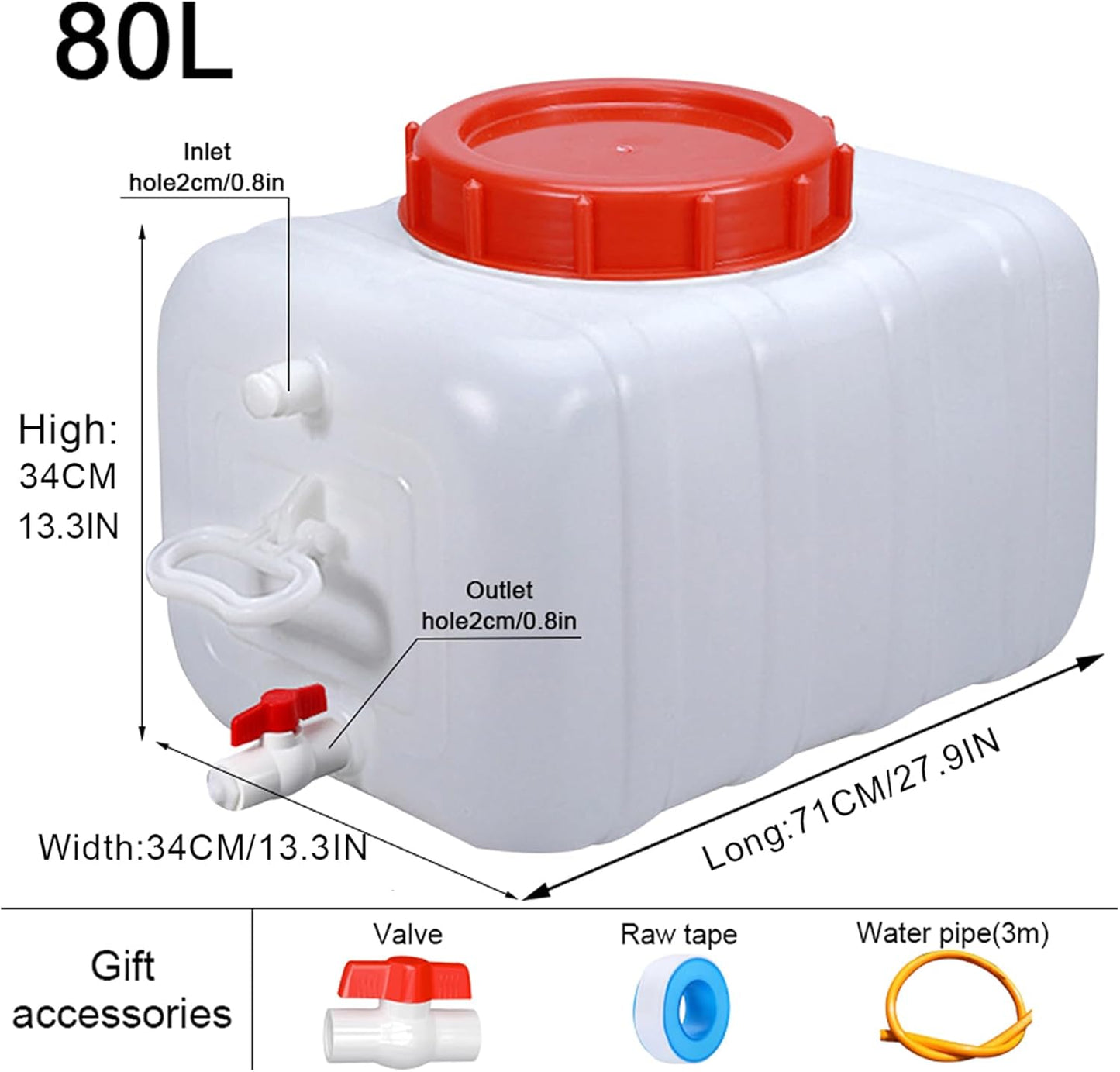 Heavy Duty Water Container Plastic Water Storage Carrier with Tap 50l 80l 110l 200l Water Tank Water Bottle Dispenser for Camping Caravan Hiking Outdoor(Size:80L)