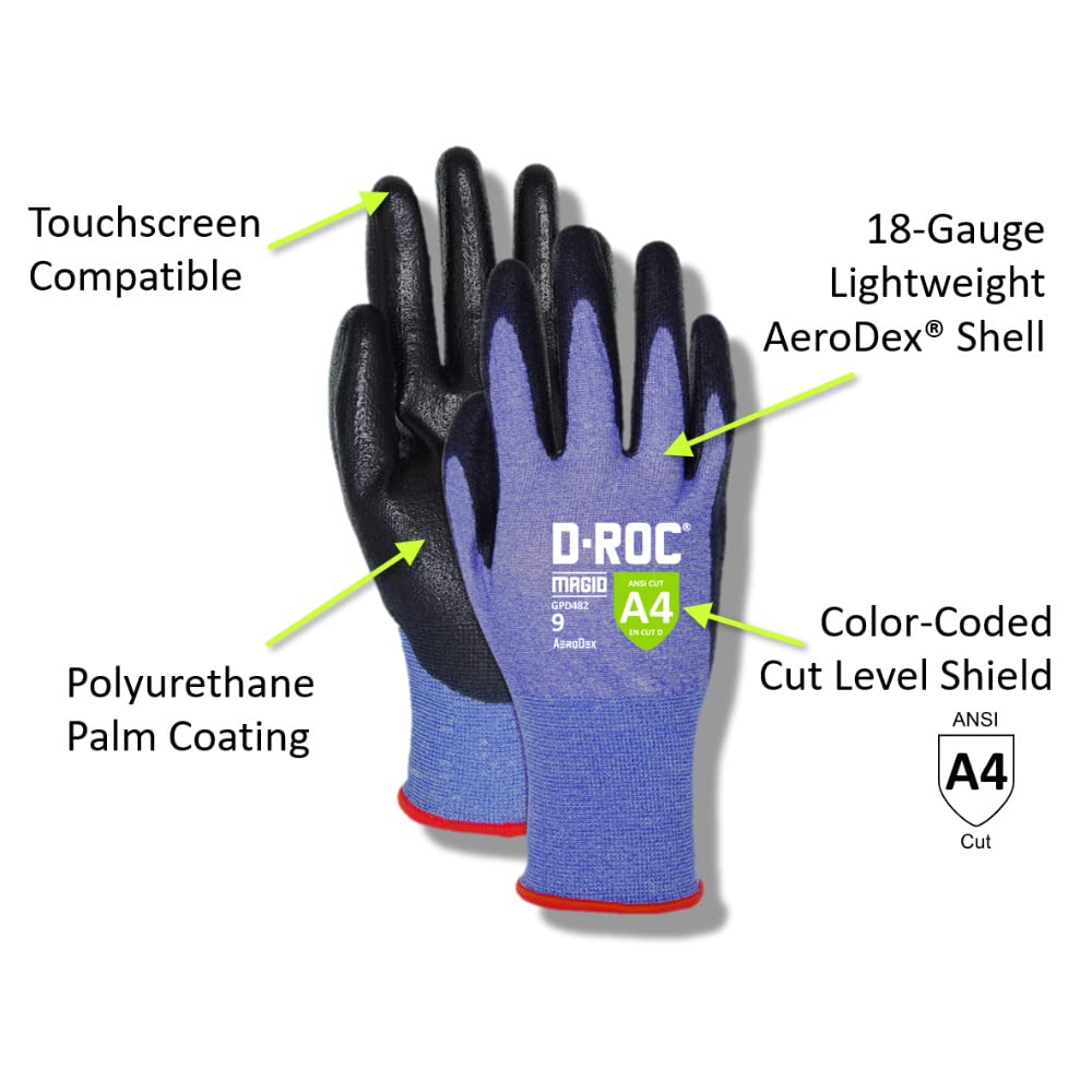MAGID D-ROC ANSI A4 AeroDex Polyurethane Palm Coated Work Gloves, 12 Pairs, Size 12/3XL, GPD482