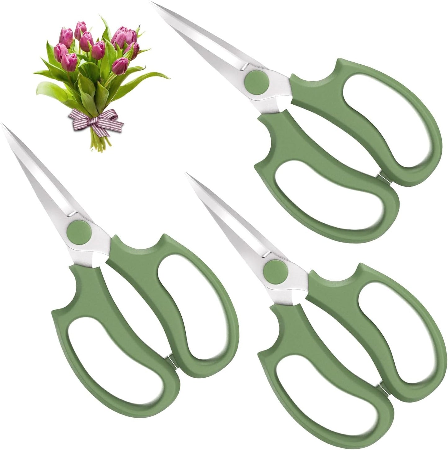 Flower Scissors, Strong Floral Shears,3PCS Premium Steel Garden Pruning Shears Floral Fruits Leaf Scissors Hand Pruner Snip Trimming Tool for Gardening Flower Arrangement, Green