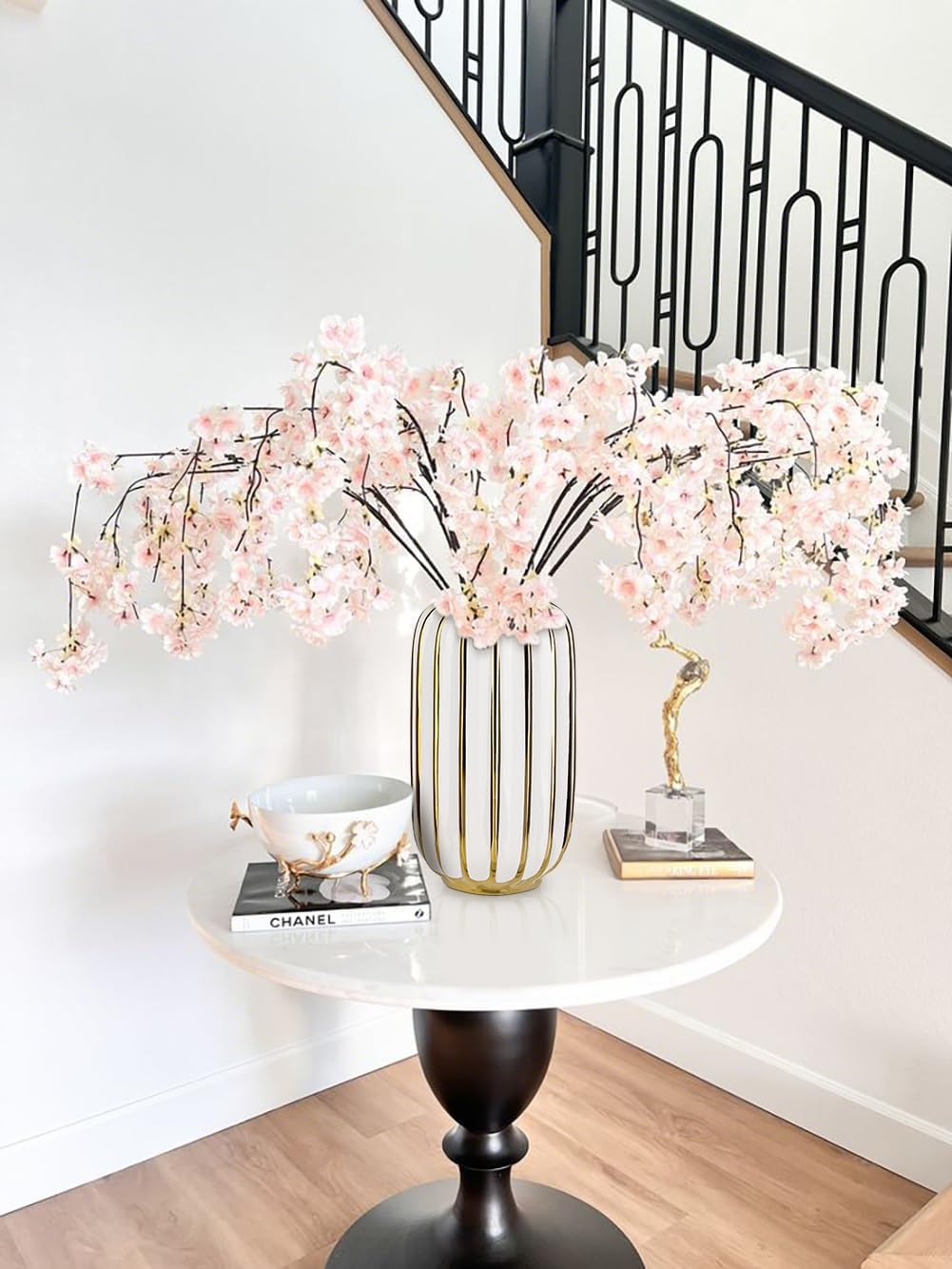 Briful Gold Plated Lantern Ceramic Vase Home Decor Creative Design Porcelain Decorative Flower Vase 11.02'' White Ceramic Vases for Wedding Anniversary Decoration