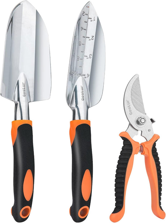 Garden Tool Set, 3PCS Sturdy Gardening Hand Tools Kit - Trowel/Shovel, Transplanter, Sharp Bypass Pruning Shears/Scissors/Clippers - Comfortable Handle - Ideal Gifts for Men & Women