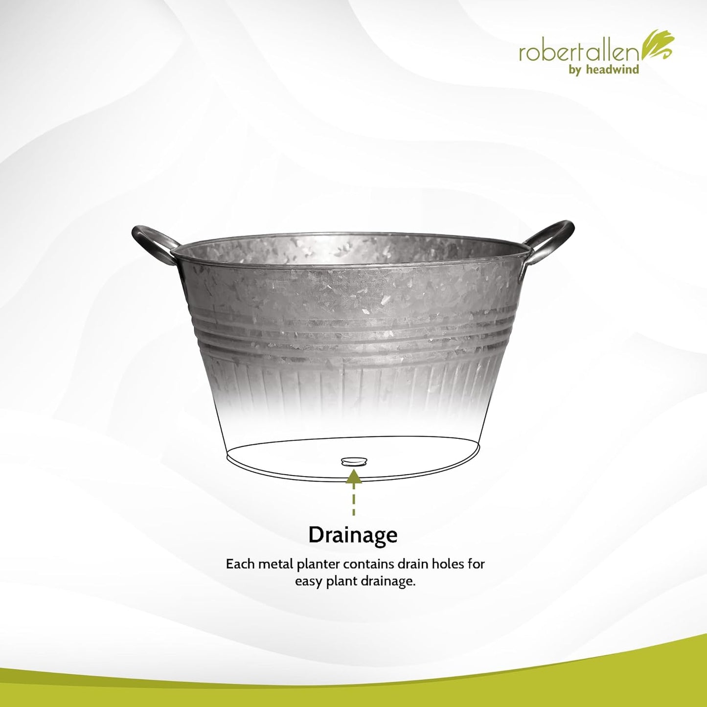 Headwind Round Galvanized Tub Planter with Handles – 14 Inch Lightweight Metal Planter with Drainage Hole – Galvanized Steel Tub for Plants - Metal Flower Pot by Robert Allen