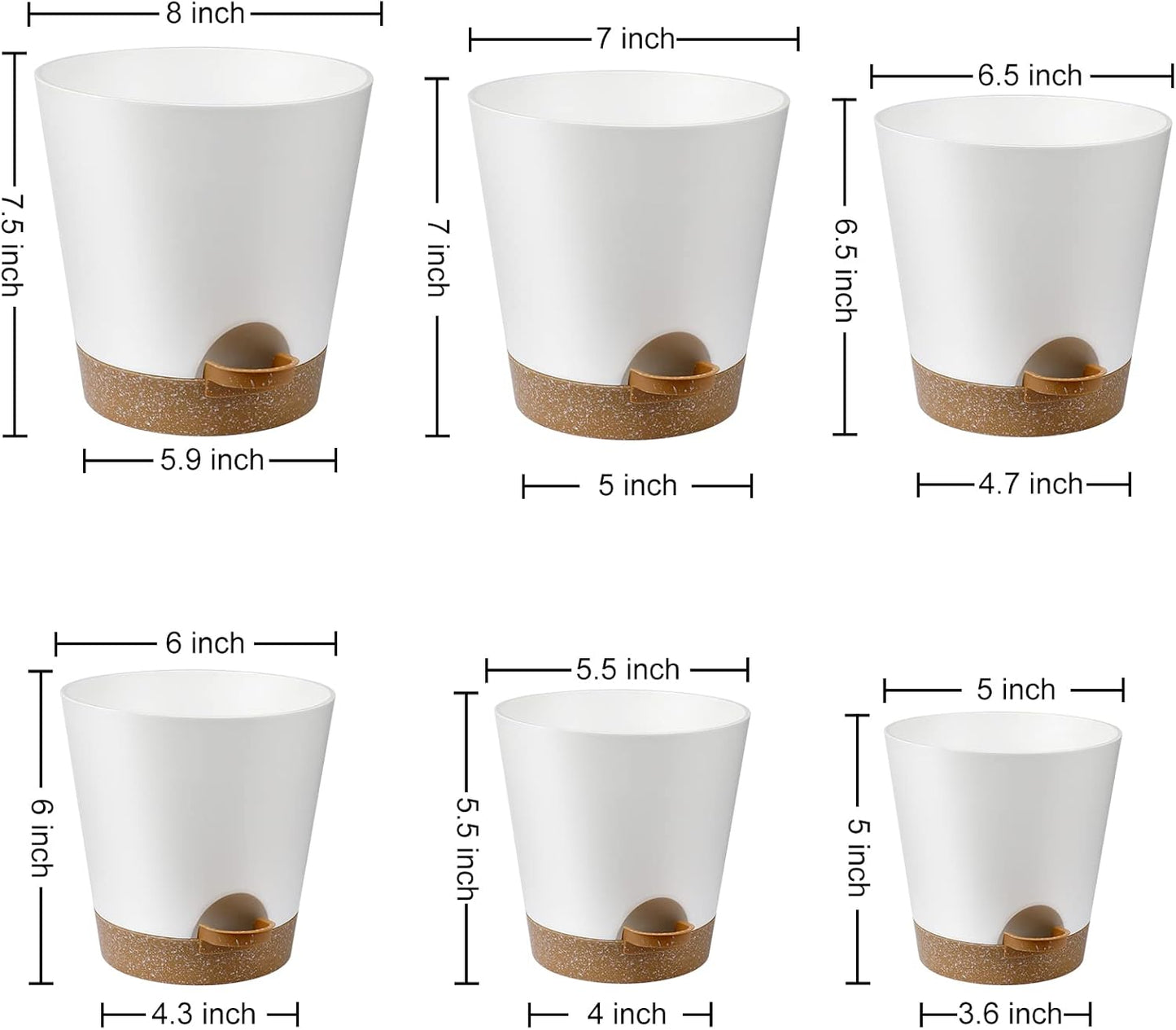 Indoor Self Watering Planters with Drainage Holes and Saucers, 8, 7, 6.5, 6, 5.5, 5 Inches, White, 6 Pots