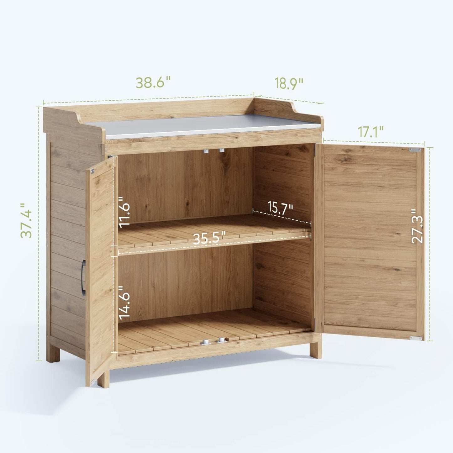 Gizoon Outdoor Potting Bench with Metal Tabletop, Outdoor Garden Patio Wooden Storage Cabinet with Adjustable Shelf, Double Doors Garden Work Bench for Backyard, Patio, Lawn - Natural