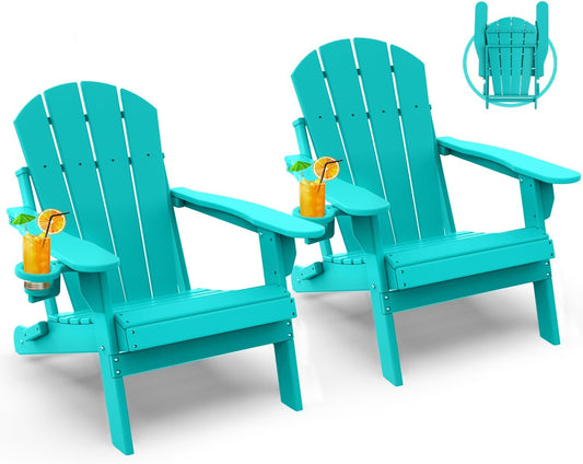 GREENVINES Folding-Adirondack-Chairs-Set-of-2 | HDPE Plastic | Fire Pit Chair | All Weather | Cup Holder | Aqua | for Deck Backyard Patio Outdoor Garden
