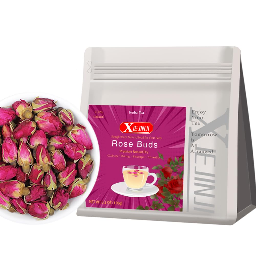 XIEJINJI Rose Tea - 100% Pure Loose Dried Rose Buds(5.3oz/150g) - Food Grade Natural Herbal Tea, Caffeine Free Sugar Free, Resealable Bag