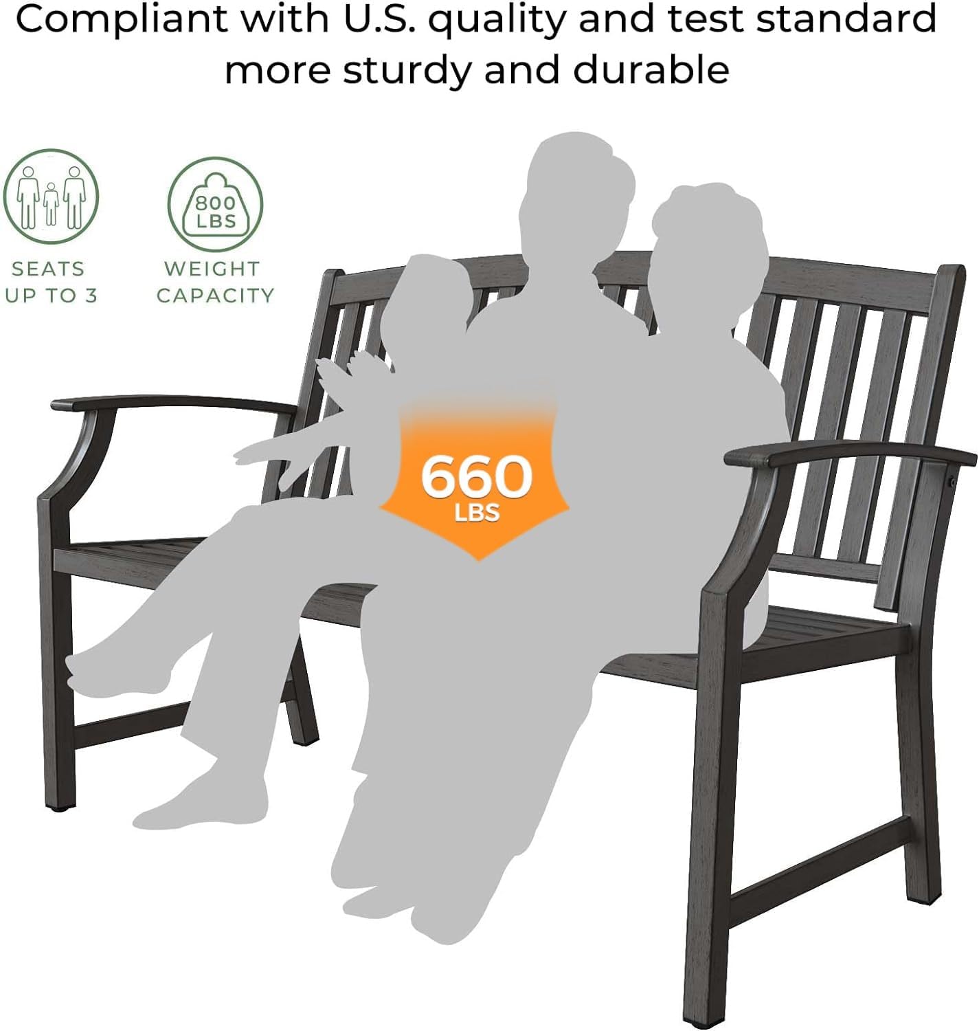 Grand patio 52" Farmhouse Outdoor Bench, Garden Benches with Rust Free Metal Powder Coated Frame and Aluminum Backrest, Faux Wood Grain Finish Frame Patio Bench for Front Porch, Weathered Grey