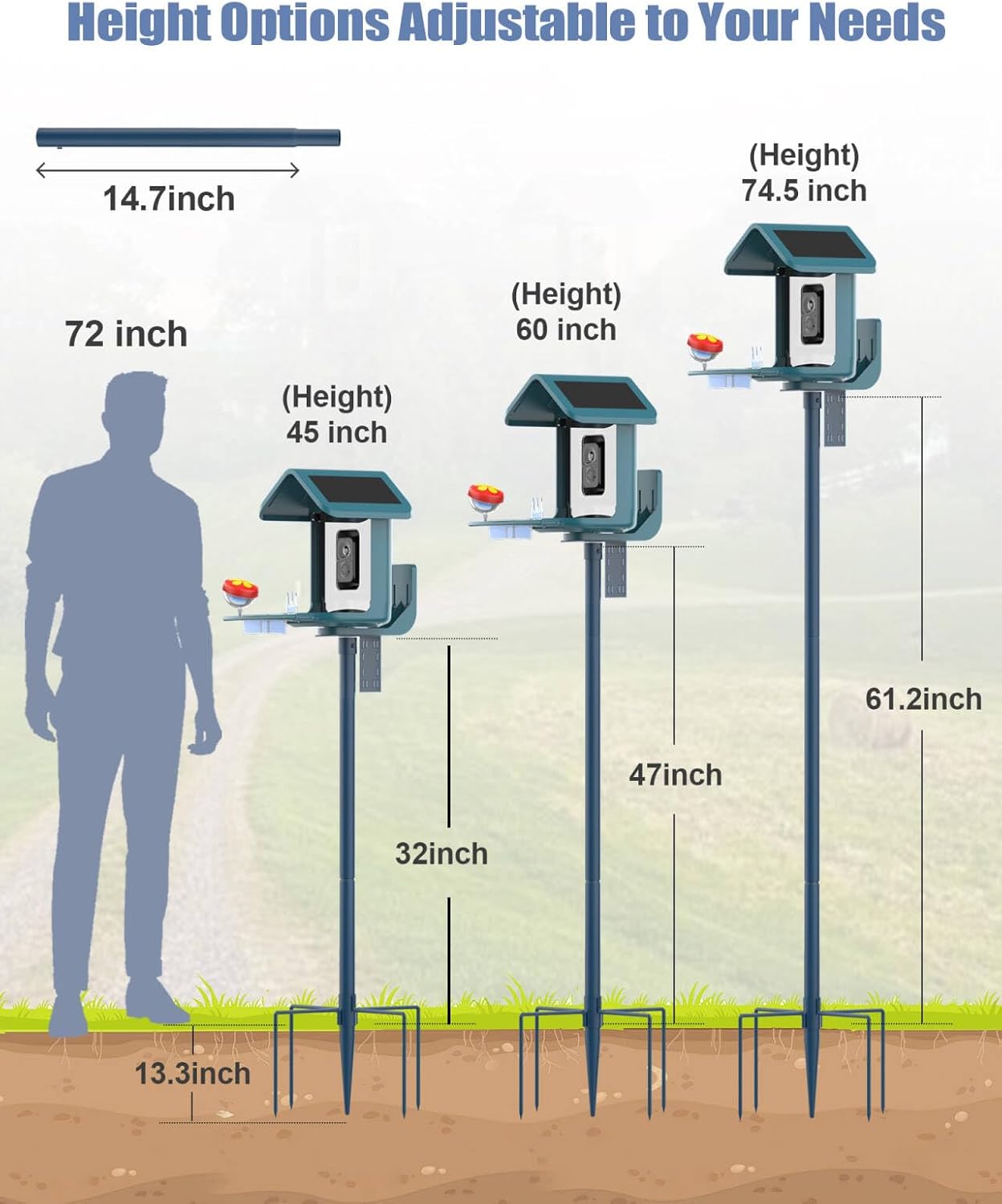 Bird Feeder Pole Stand – 74.5 Inch Height Feeding Station with 1-Inch Dia Heavy Duty for Hanging Feeders, Bird House Pole Mount Kit for Outdoor, Slip-Fit Connection，Blue